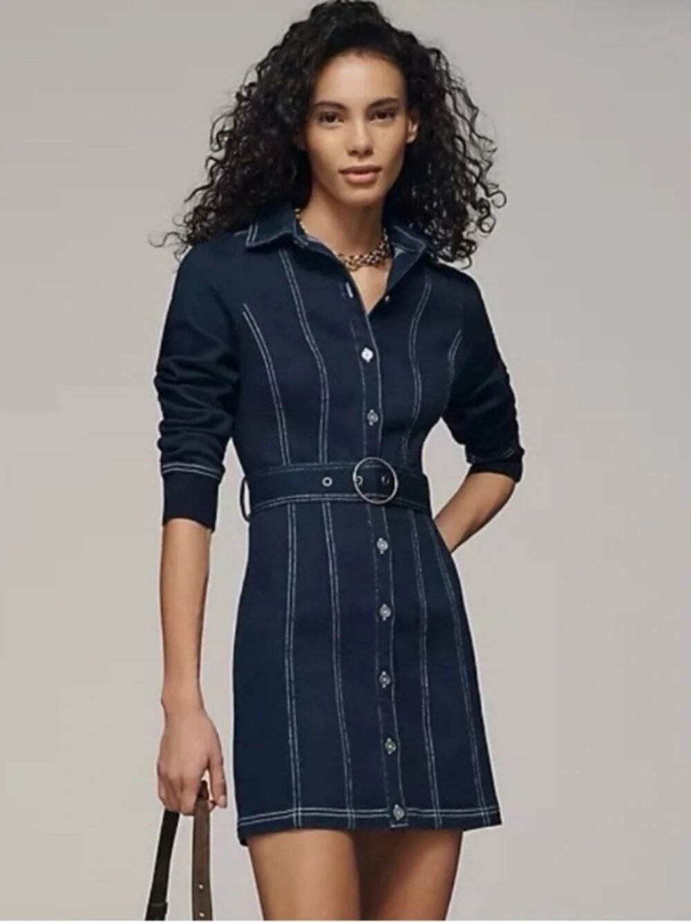 NEW Anthropologie Pilcro Denim Long-Sleeve Mini Shirtdress XL Dark Blue Stretch
